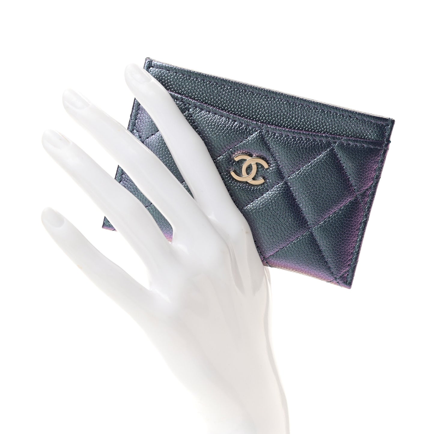 Iridescent Caviar Quilted Card Holder Dark Blue