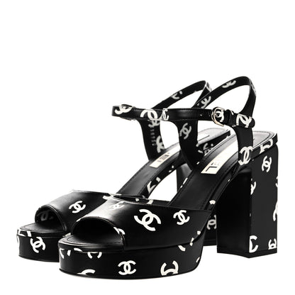 Chanel Printed Lambskin CC Platform Sandals 40 Black White 3 of 9