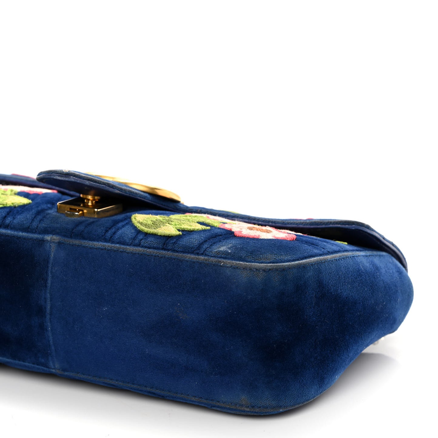 Velvet Matelasse Deer Embroidered Small GG Marmont Shoulder Bag Cobalt