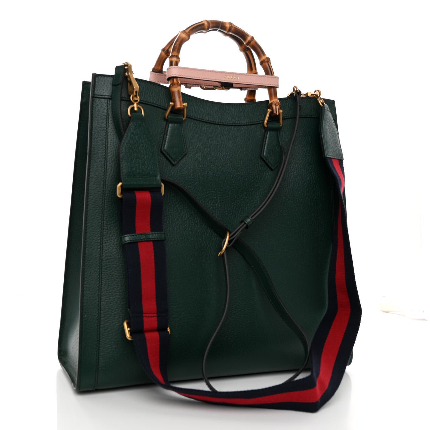 Textured Dollar Calfskin Web Large Diana Tote Bag Green Pink
