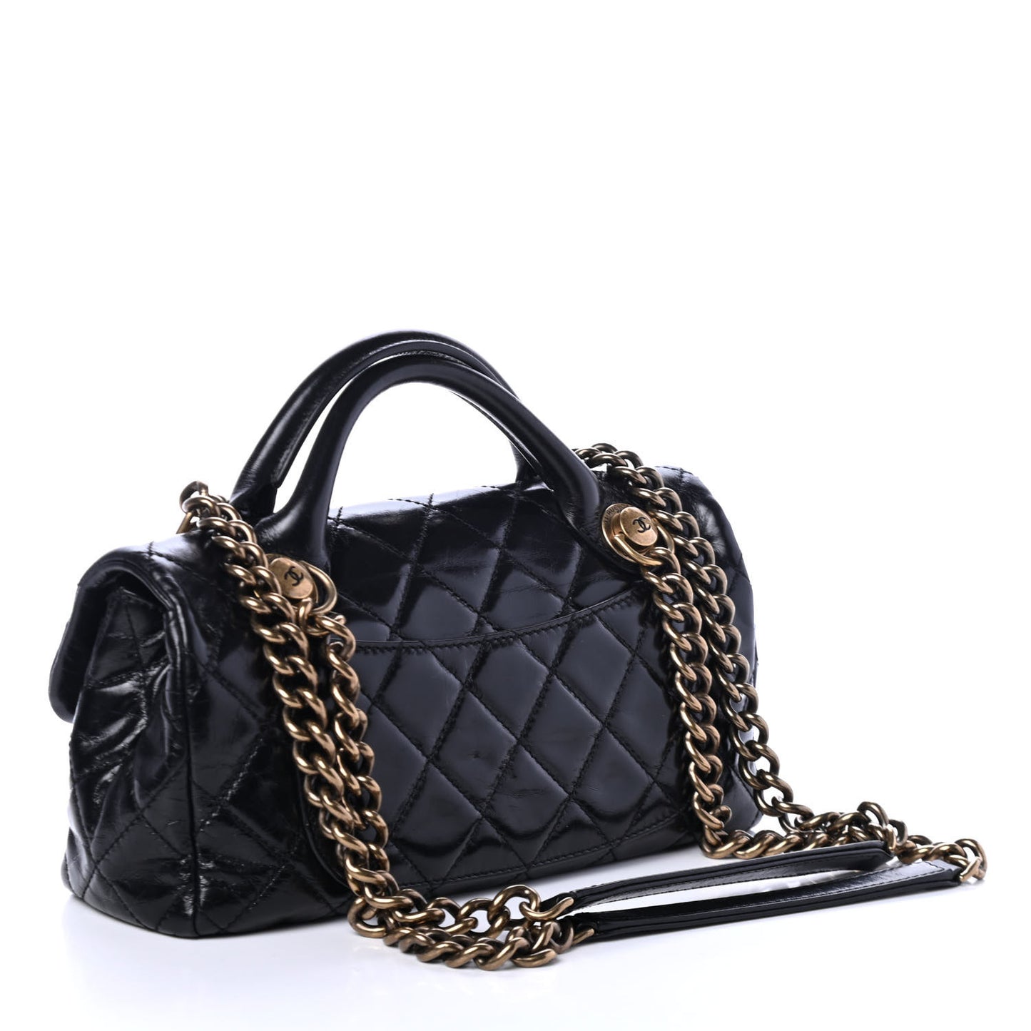 Glazed Calfskin Quilted Small Castle Rock Flap Black