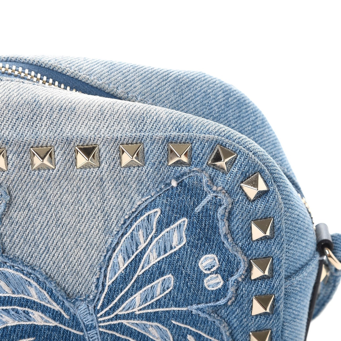 Washed Denim Butterfly Embroidered Rockstud Camera Crossbody Bag Light Denim