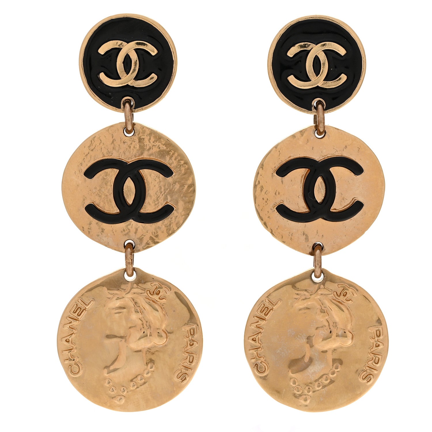 Chanel Enamel CC Disc Drop Medallion Earrings Gold Black 1 of 5