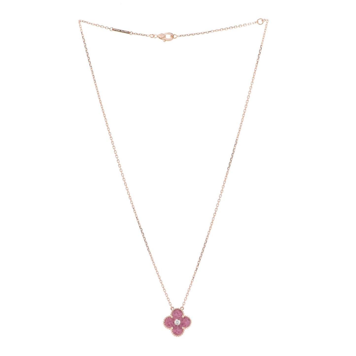 18K Rose Gold Diamond Rhodonite Vintage Alhambra Pendant Necklace