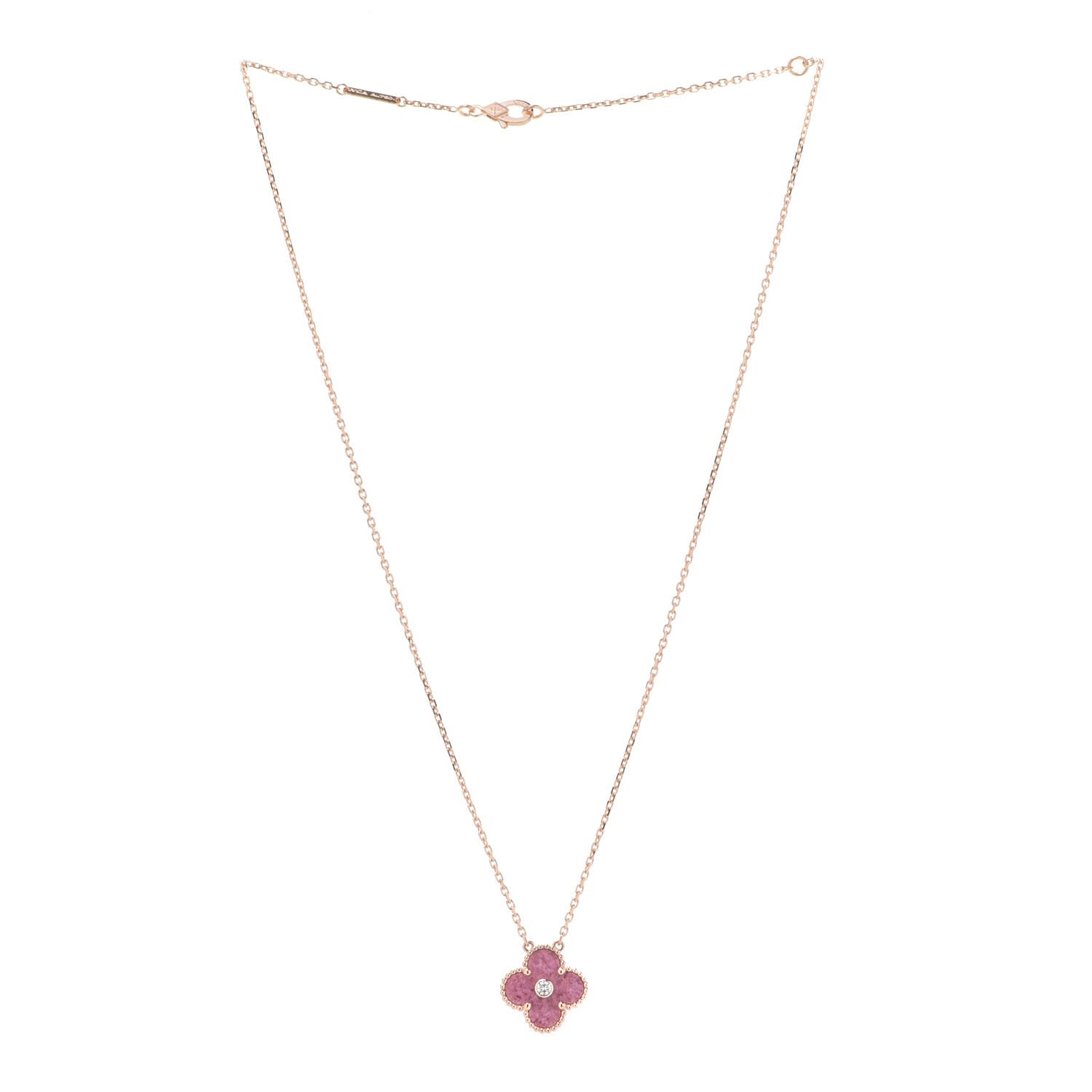 Van Cleef & Arpels 18K Rose Gold Diamond Rhodonite Vintage Alhambra Pendant Necklace 3 of 8