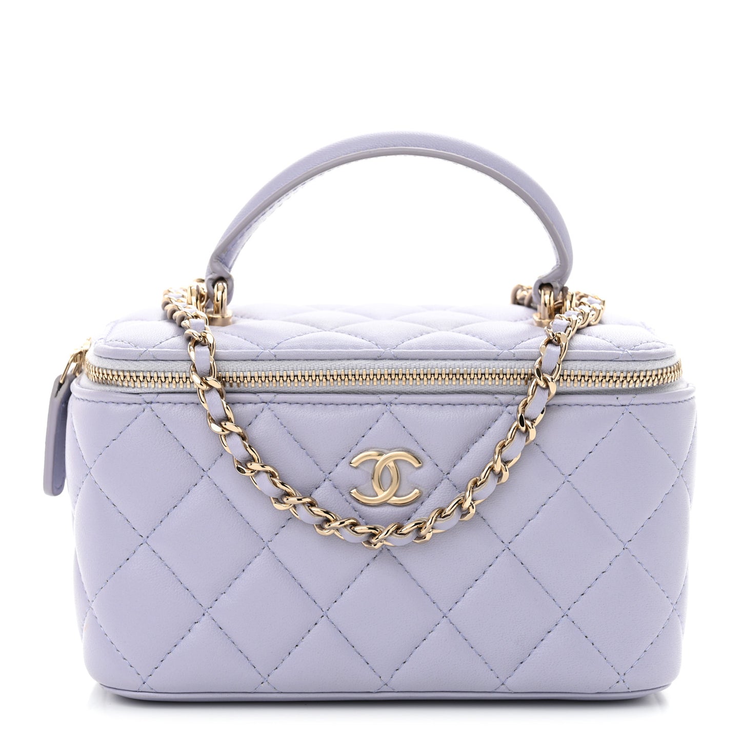 Lambskin Quilted Small Top Handle Vanity Case With Chain Light Purple