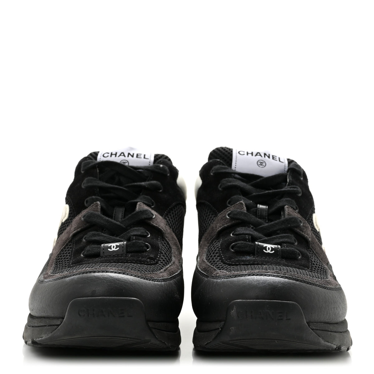Chanel Mesh Suede Calfskin Grained Calfskin Mens CC Sneakers 44 Black White 3 of 11
