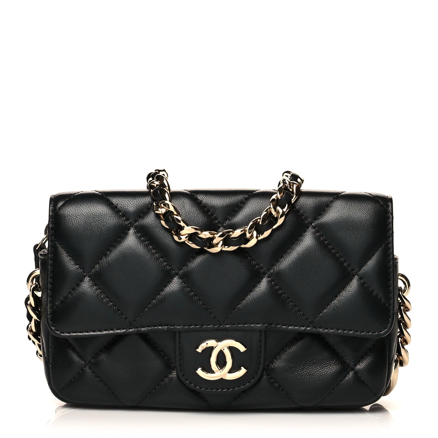Chanel Lambskin Quilted Resin Bi-Color Flap Phone Holder With Chain Black 2 of 12