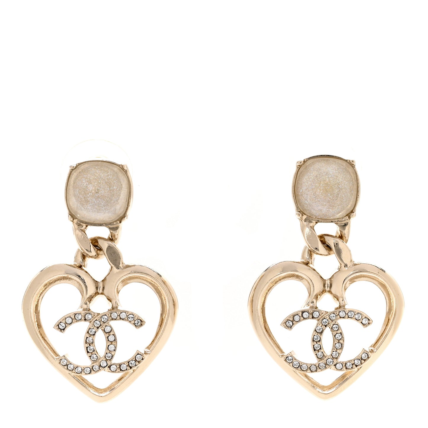 Metal Strass CC Heart Drop Earrings Gold