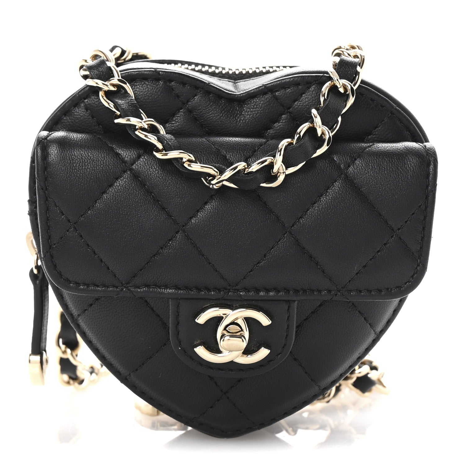 Chanel Lambskin Quilted CC In Love Heart Waist Belt Bag With Chain Black 1 of 9