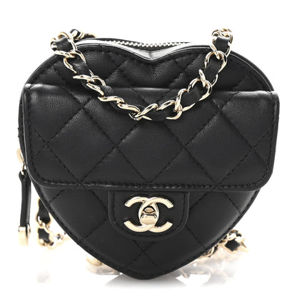 Chanel Lambskin Quilted CC In Love Heart Waist Belt Bag With Chain Black 1 of 9