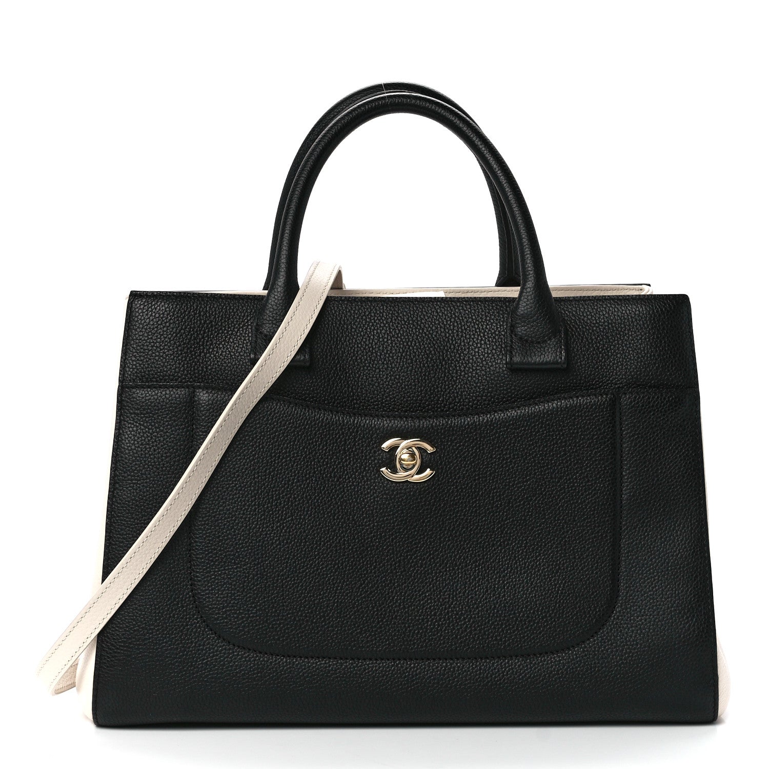 Chanel Grained Calfskin Small Bi-Color Neo Executive Shopper Tote Black Beige 1 of 11