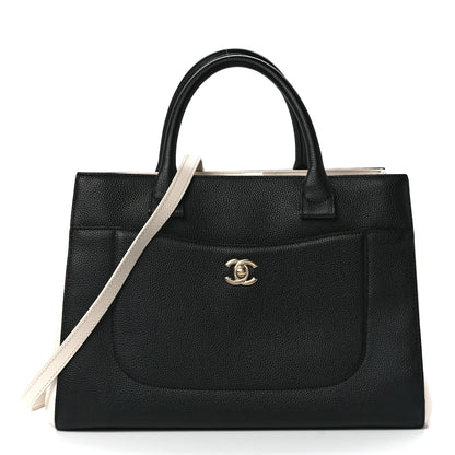 Chanel Grained Calfskin Small Bi-Color Neo Executive Shopper Tote Black Beige 1 of 11