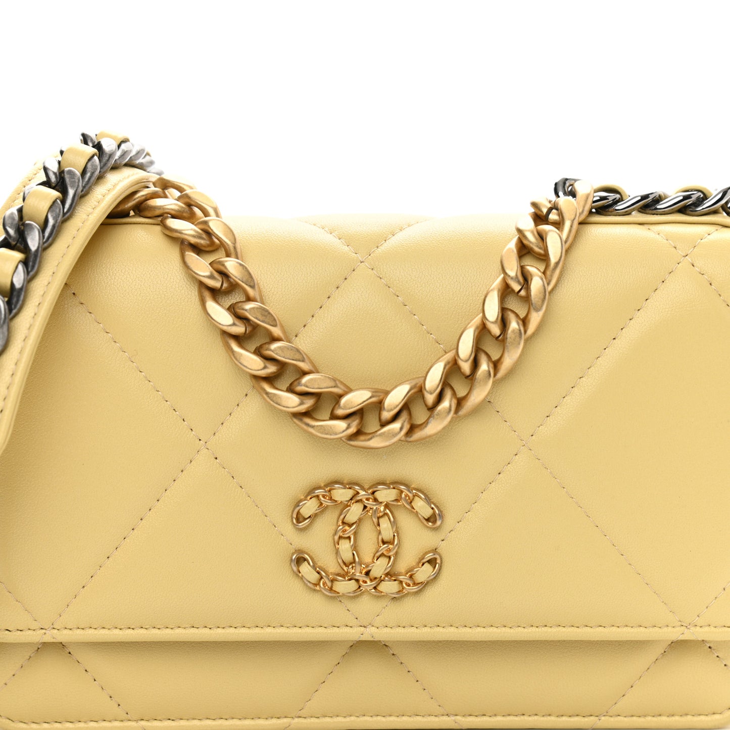 Lambskin Quilted Chanel 19 Wallet On Chain WOC Yellow