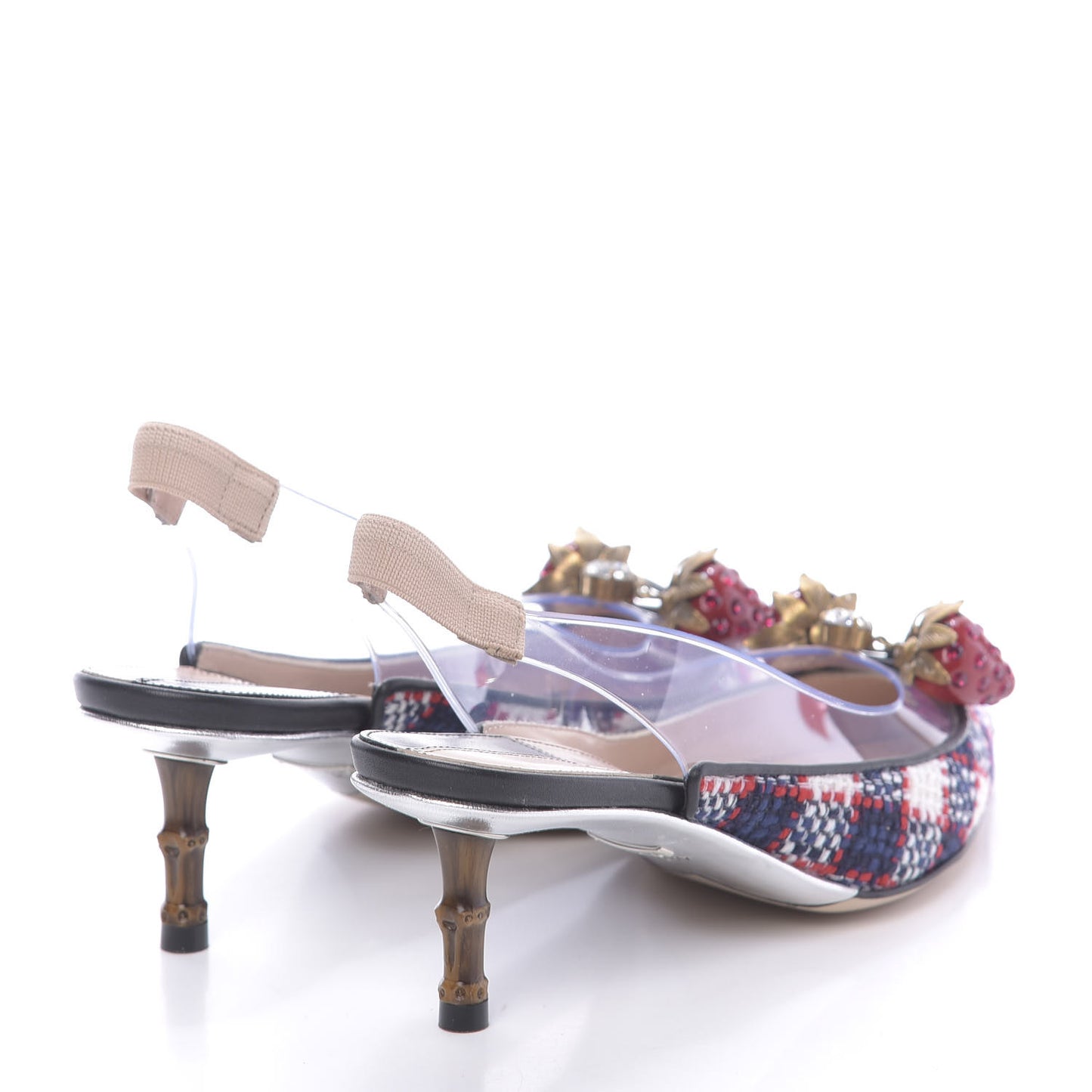 Tweed PVC Bamboo Strawberry Eleonor Low Heel Slingback Pumps 36 Marine Red