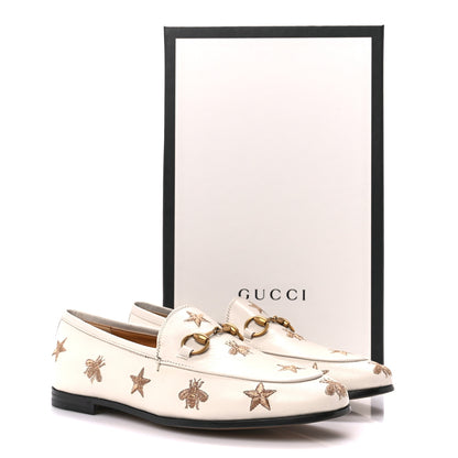 Gucci Goatskin Bee Star Embroidered Womens Jordaan Loafers 35.5 Mystic White 9 of 9