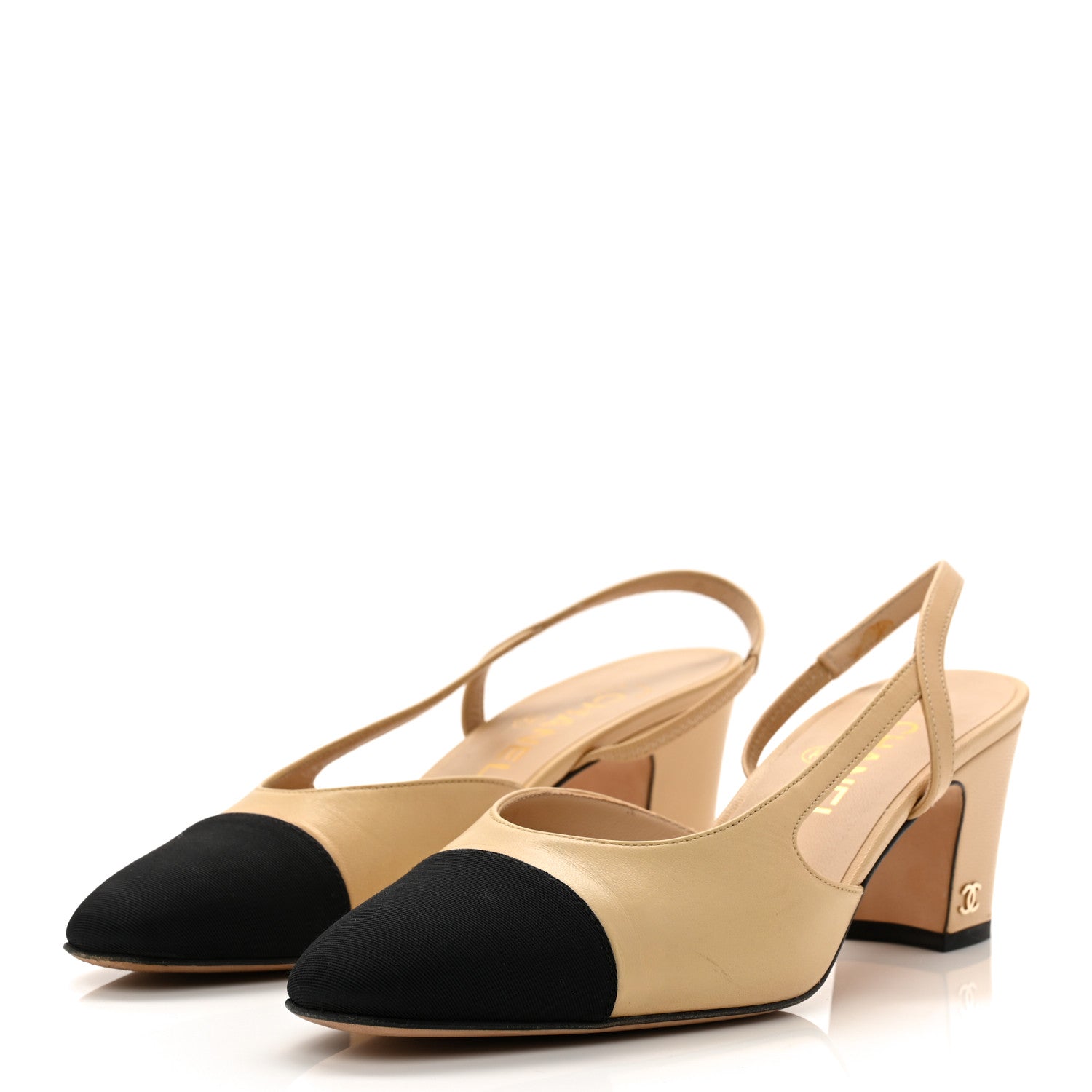 Chanel Goatskin Grosgrain Cap Toe CC Slingback Pumps 37 Beige Black 3 of 11