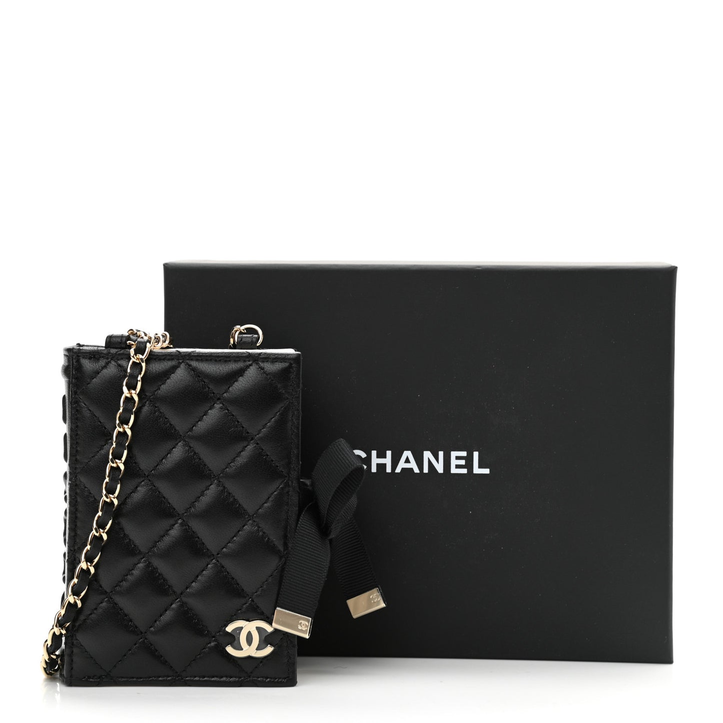 Lambskin Quilted Book Card Holder on Chain Black