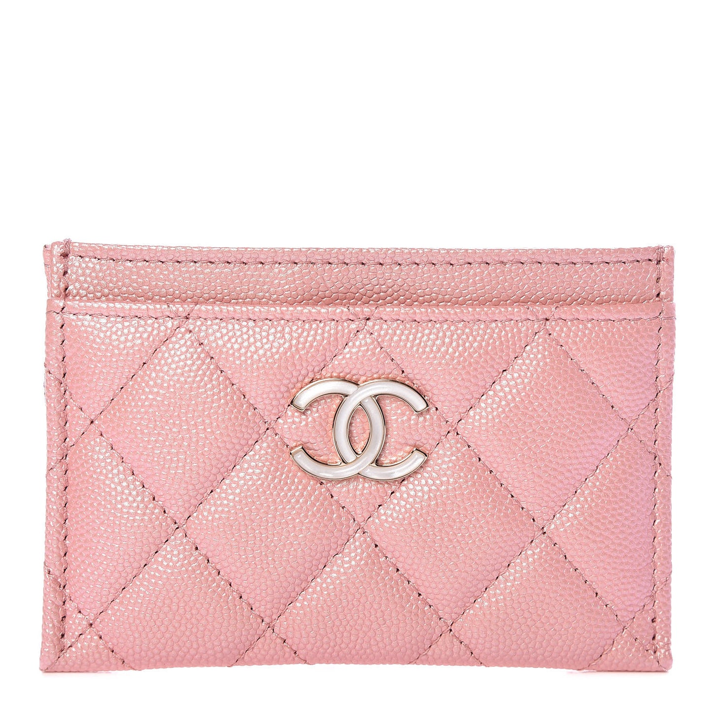Iridescent Caviar Quilted Card Holder Rose Pink