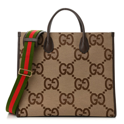 Gucci Monogram Jumbo GG Textured Dollar Calfskin Web Tote Bag Camel Ebony New Acero 1 of 10