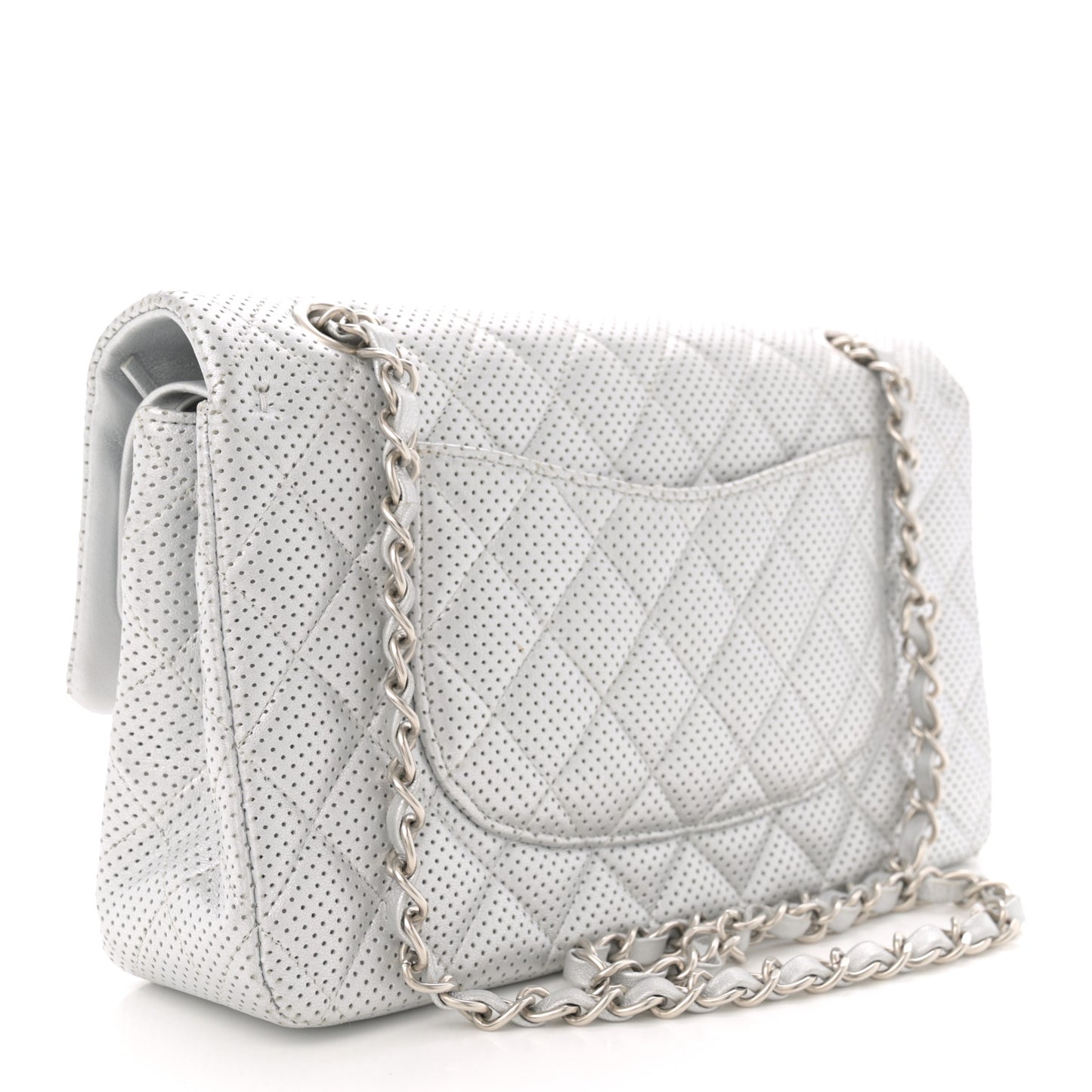 Metallic Lambskin Perforated Medium Double Flap Light Silver