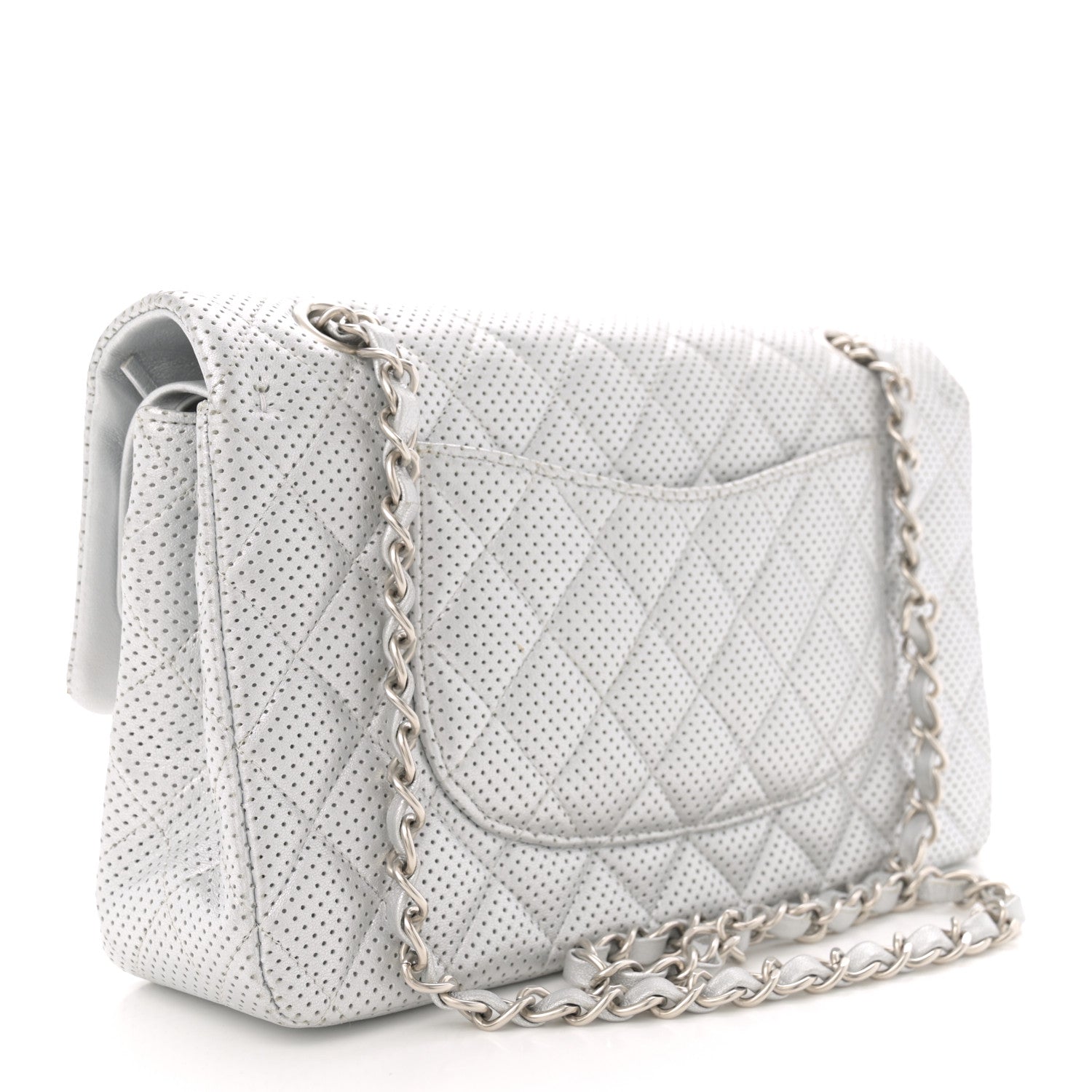 Chanel Metallic Lambskin Perforated Medium Double Flap Light Silver 3 of 10