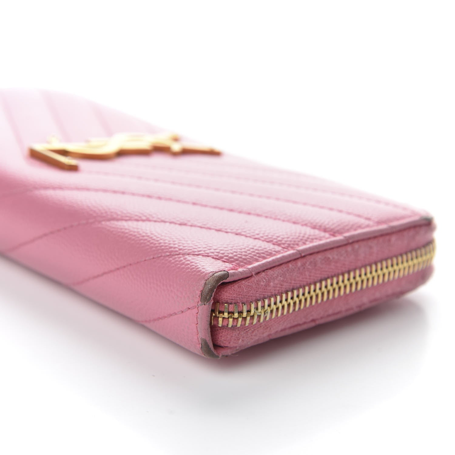 Saint Laurent Grain De Poudre Matelasse Chevron Monogram Zip Around Wallet Bubblegum 7 of 9