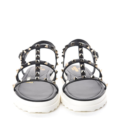 Valentino Garavani Calfskin Bedrock Rockstud Ankle Flat Sandals 39 Black 2 of 7