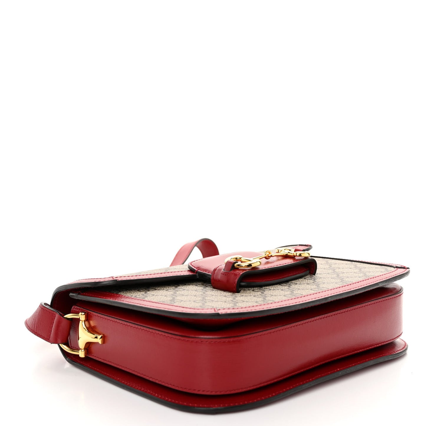GG Supreme Monogram Azalea Calfskin Horsebit 1955 Shoulder Bag Beige Ebony New Cherry Red