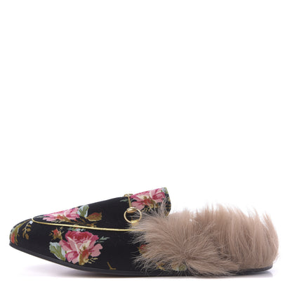 Gucci Velvet Fur Floral Womens Princetown Slippers 41 Black 1 of 10