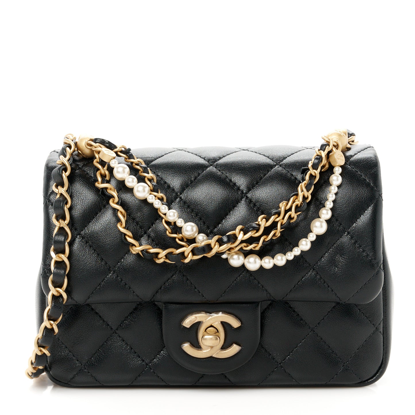 Shiny Lambskin Quilted Pearl Twist Mini Square Flap Black