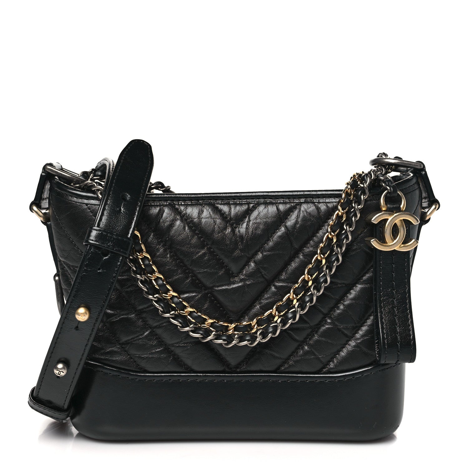 Chanel Aged Calfskin Chevron Quilted Small Gabrielle Hobo Black 1 of 9