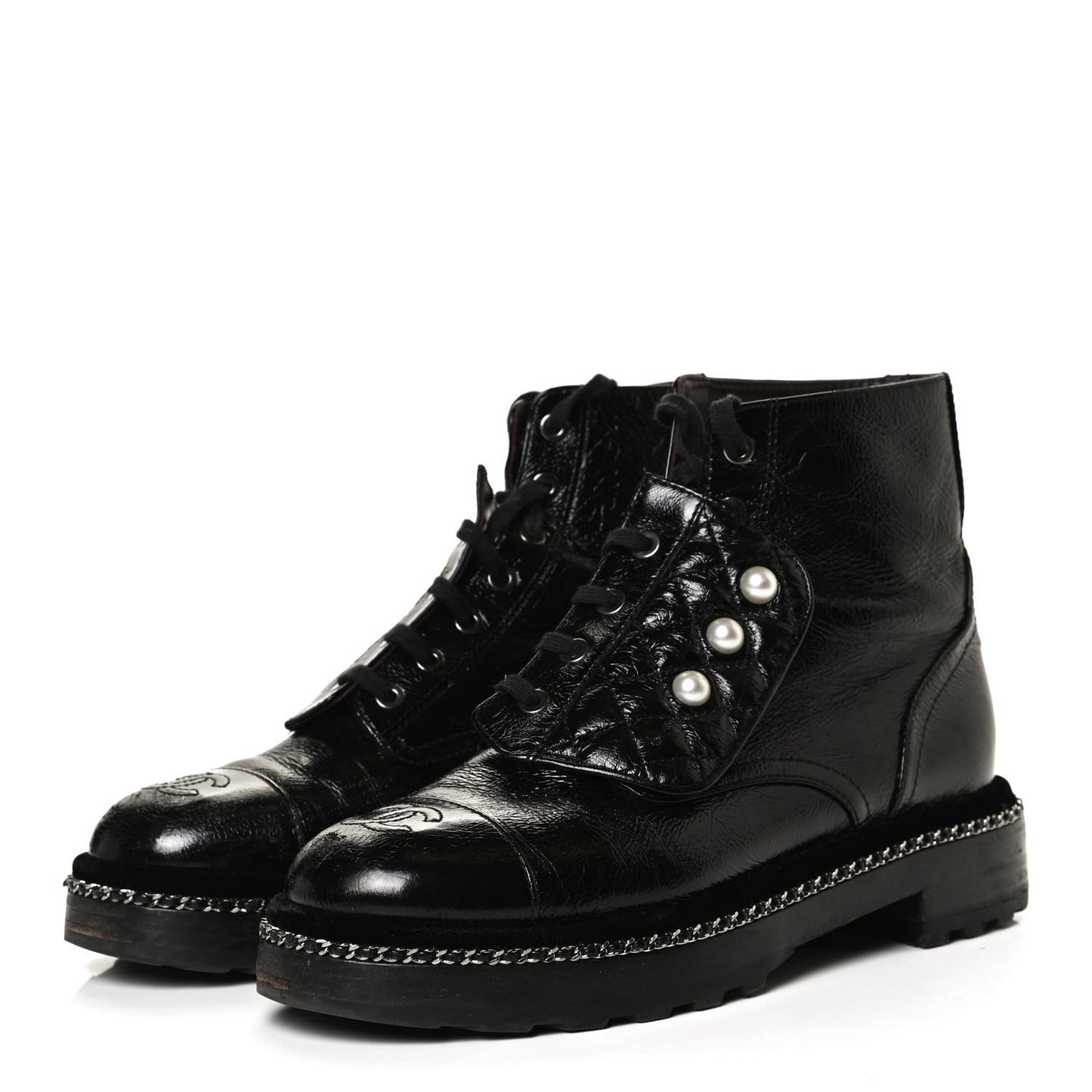 Crackled Calfskin Velvet Pearl Combat Short Boots 38.5 Black