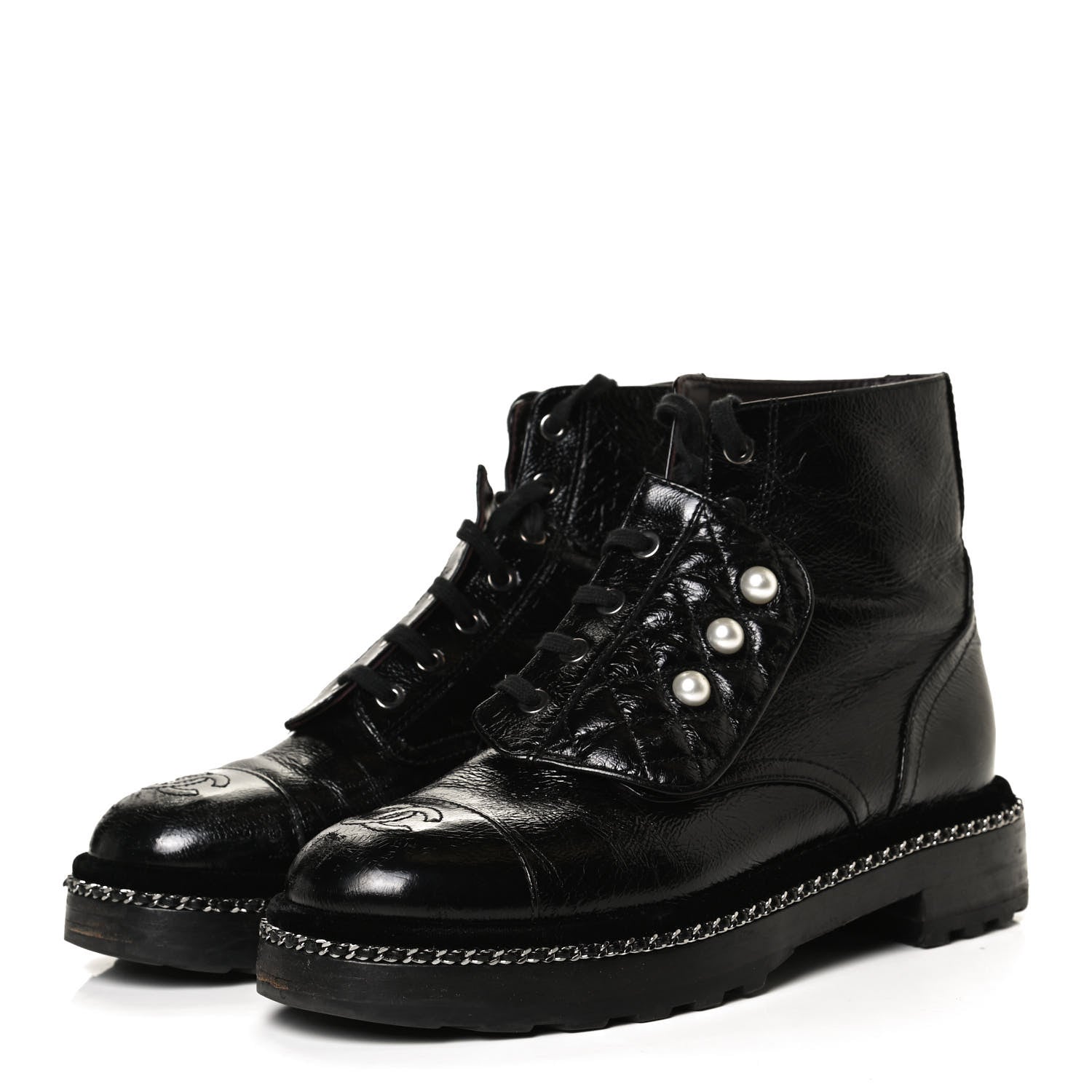 Chanel Crackled Calfskin Velvet Pearl Combat Short Boots 38.5 Black 3 of 8
