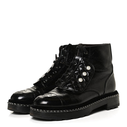 Chanel Crackled Calfskin Velvet Pearl Combat Short Boots 38.5 Black 3 of 8