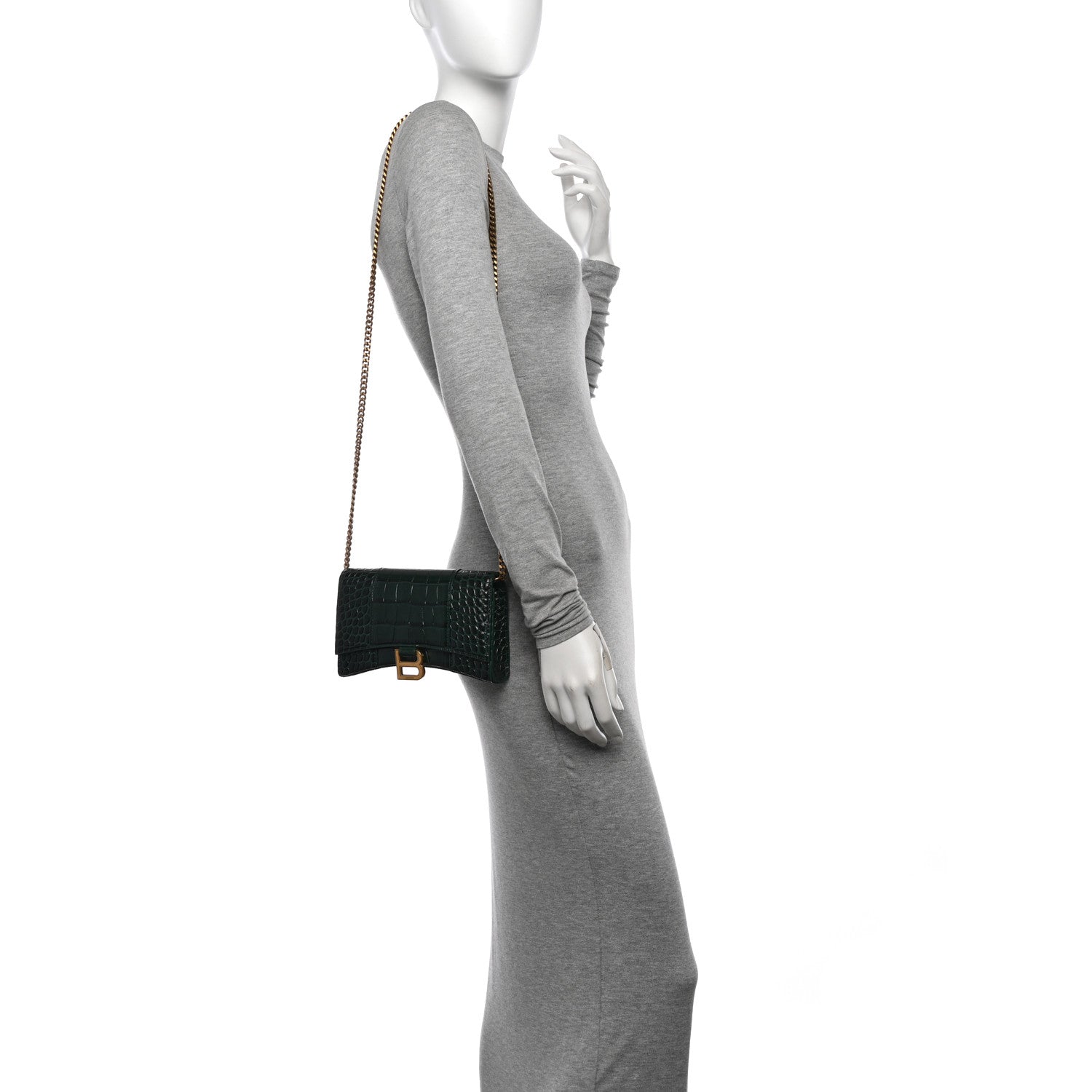 Balenciaga Shiny Calfskin Crocodile Embossed Hourglass Chain Bag Forest Green 2 of 10