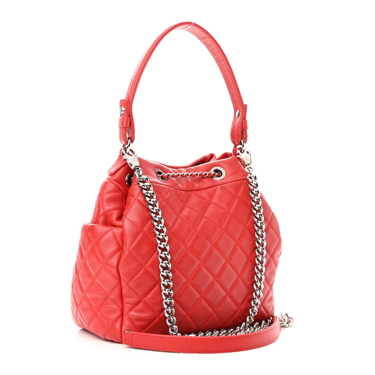 Chanel Lambskin Quilted Small CC Chain Drawstring Bucket Bag Red 3 of 12