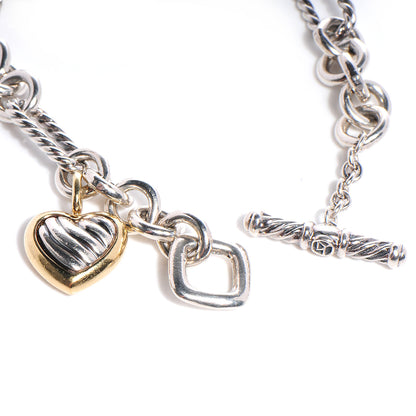 David Yurman Sterling Silver 18K Yellow Gold Cable Heart Charm Bracelet 3 of 5