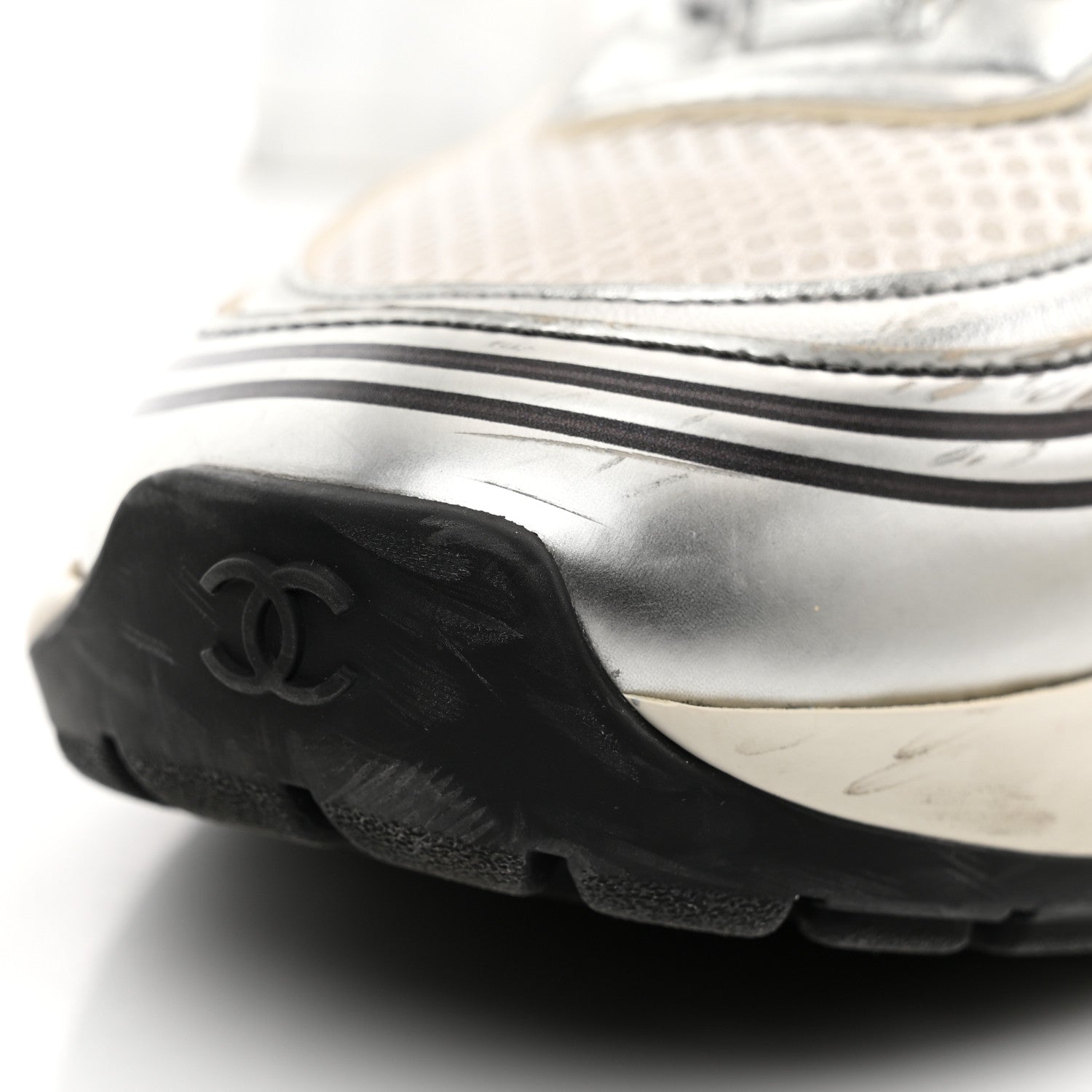 Chanel Fabric Laminated Calfskin Stretch CC Sneakers 36.5 White Silver 10 of 10
