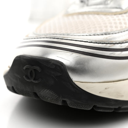 Chanel Fabric Laminated Calfskin Stretch CC Sneakers 36.5 White Silver 10 of 10