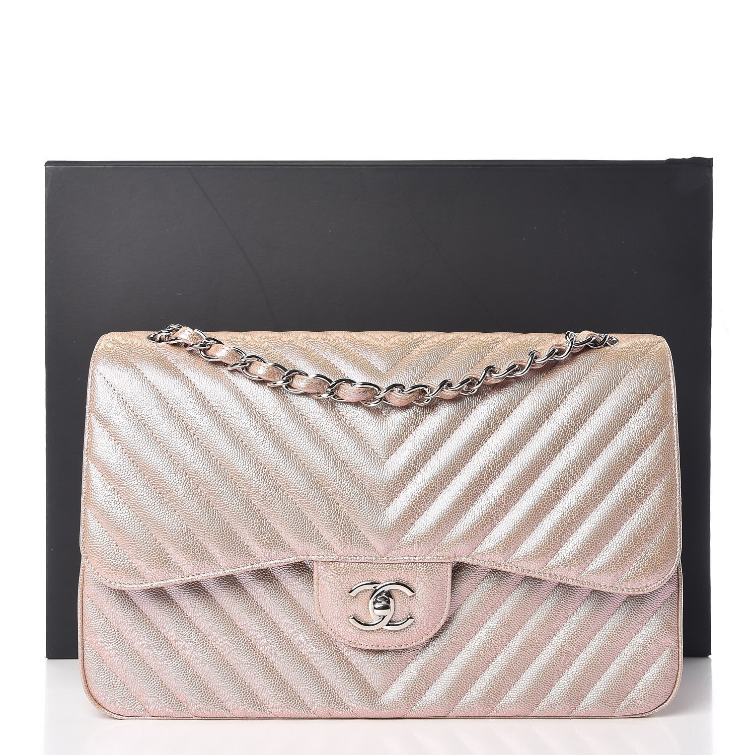 Chanel Metallic Caviar Chevron Quilted Jumbo Double Flap Light Gold 13 of 13
