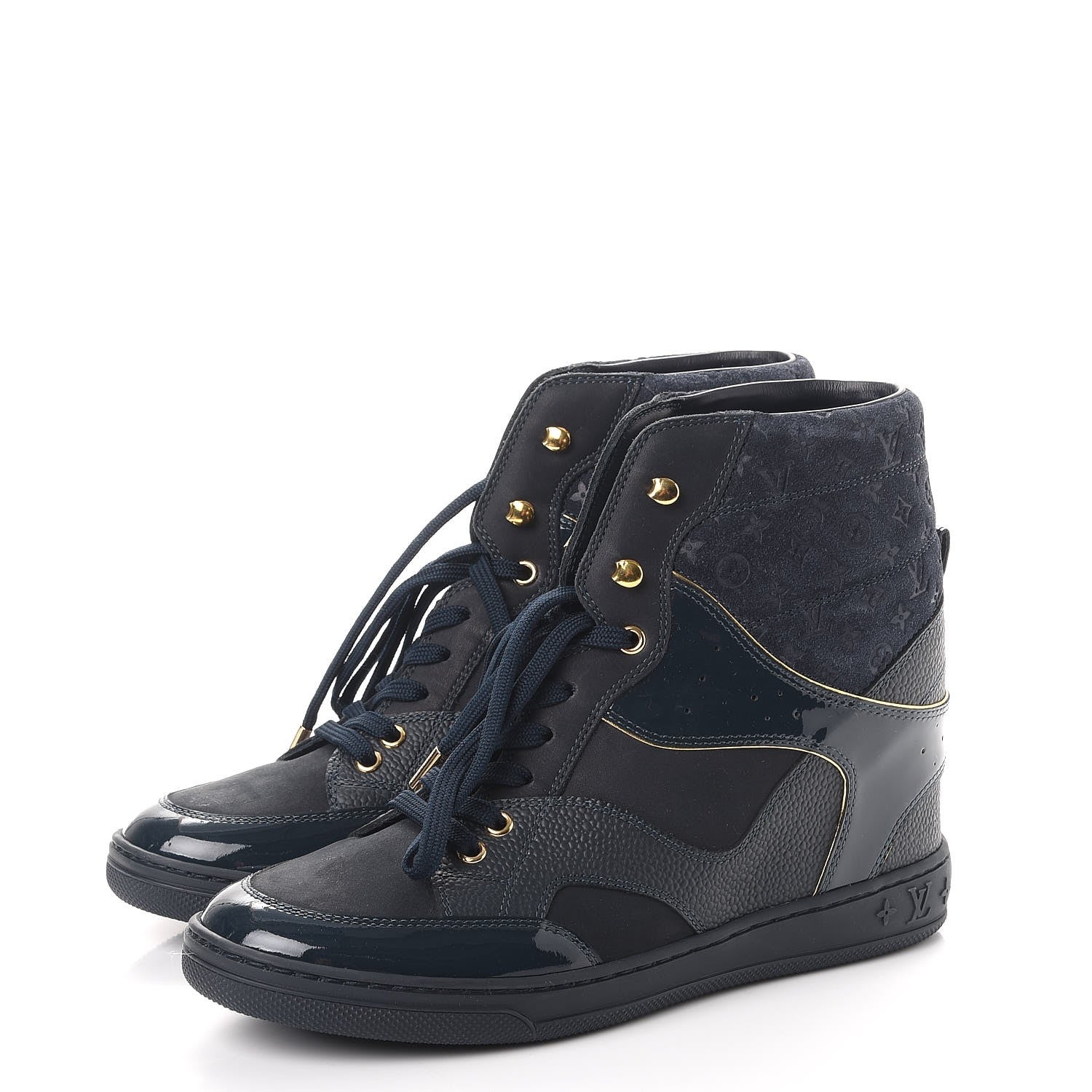 Louis Vuitton Calfskin Patent Suede Monogram Cliff Top Wedge Sneakers 39 Navy 3 of 8