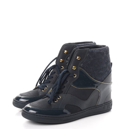 Louis Vuitton Calfskin Patent Suede Monogram Cliff Top Wedge Sneakers 39 Navy 3 of 8