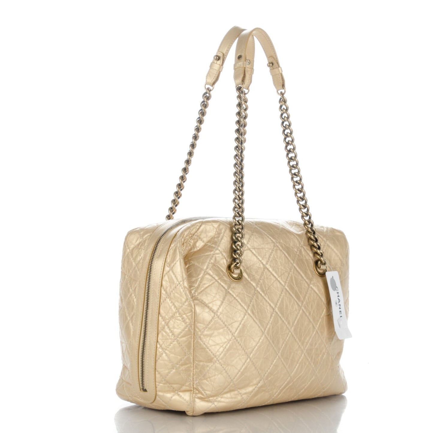 Metallic Aged Calfskin Quilted Large Secret Tag Bowling Bag Gold
