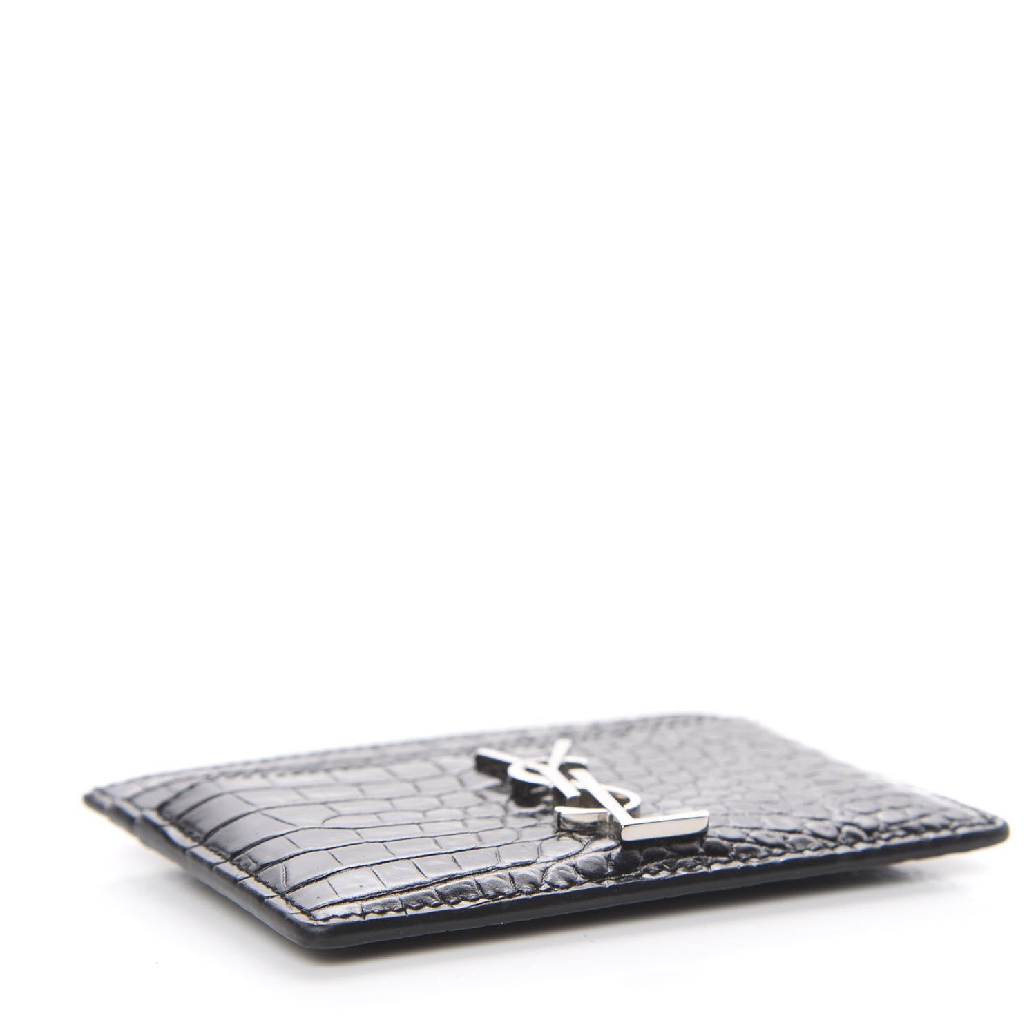 Saint Laurent Calfskin Crocodile Embossed Monogram Credit Card Case Black 4 of 7