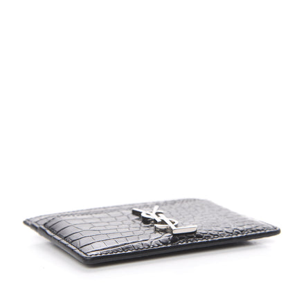 Saint Laurent Calfskin Crocodile Embossed Monogram Credit Card Case Black 4 of 7