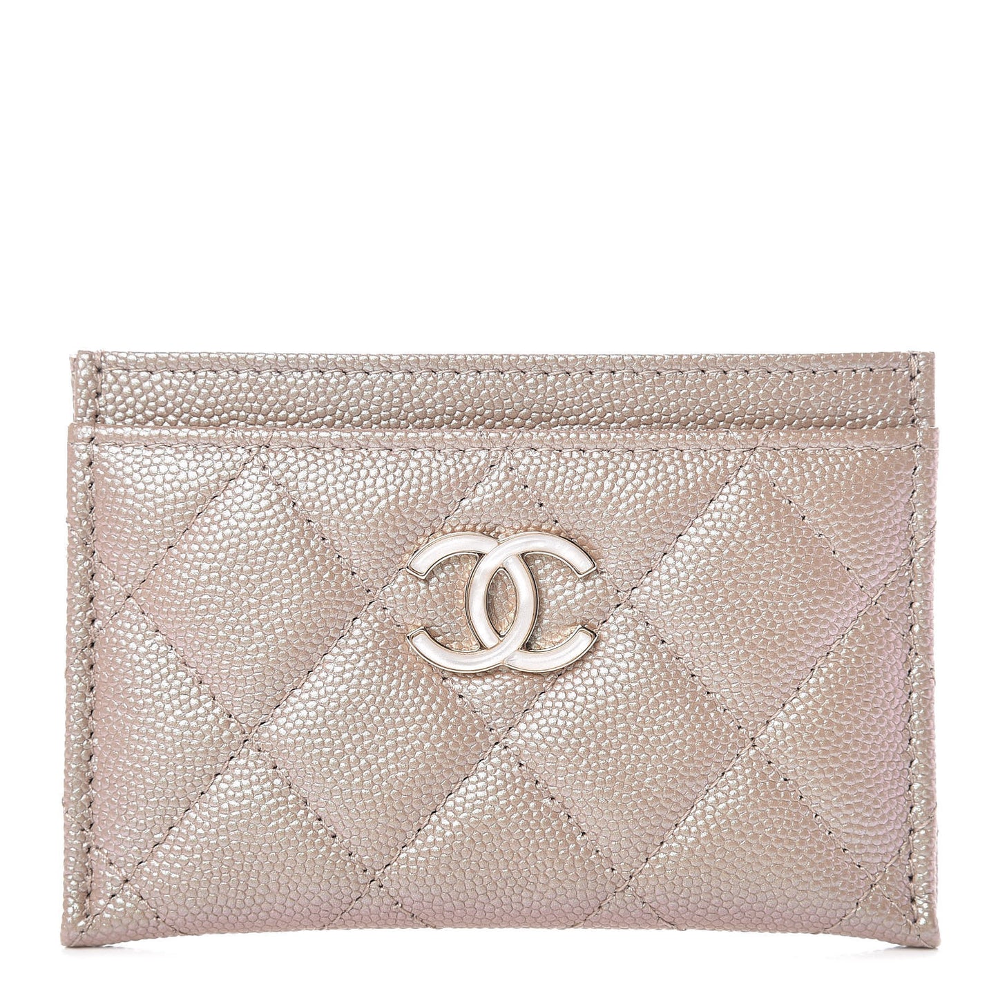 Iridescent Caviar Quilted Card Holder Beige