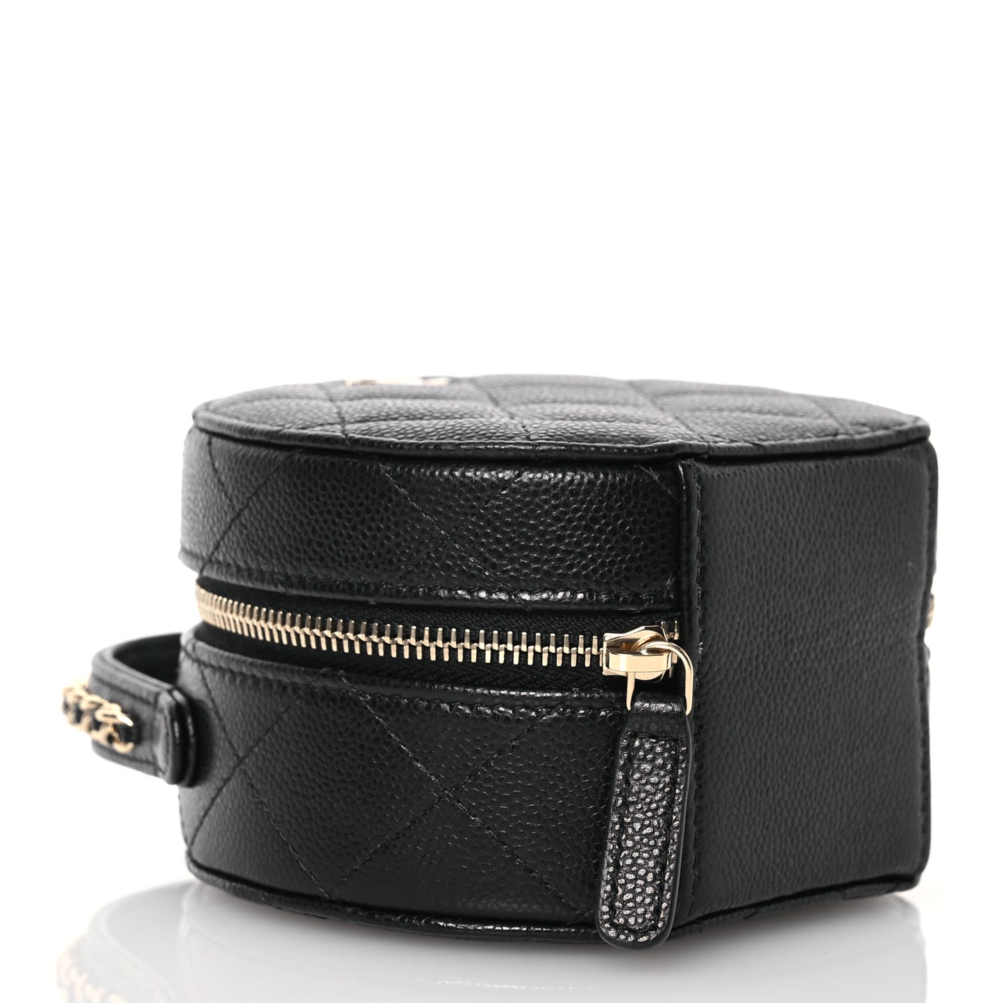 Caviar Quilted Round Top Handle Jewelry Case With Chain Black