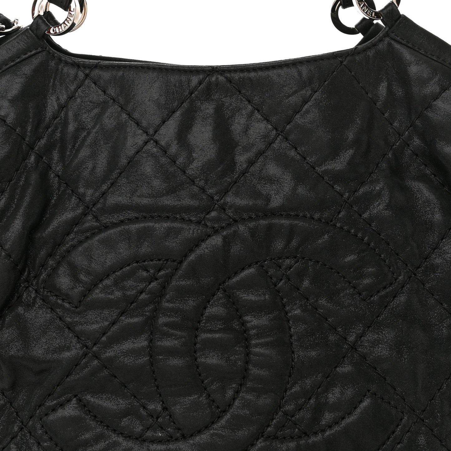 Iridescent Calfskin Stitched CC Shopping Tote Black