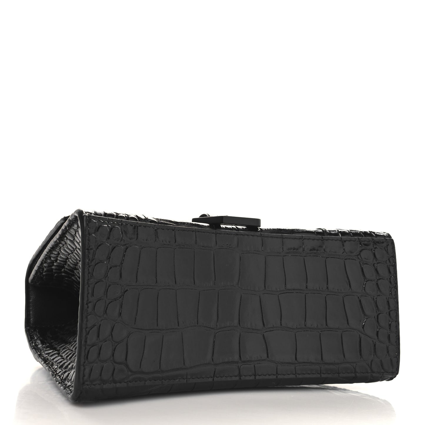 Shiny Calfskin Monochrome Crocodile Embossed Small Hourglass Top Handle Bag Black